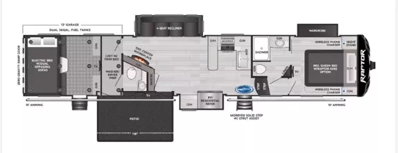 45' 2023 Keystone Raptor 429 w/3 Slides & Generator  - Toy Hauler Floorplan