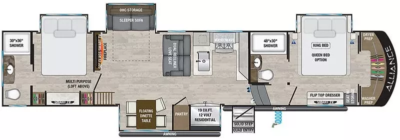 42' 2023 Alliance RV Paradigm 395DS w/4 Slides Floorplan