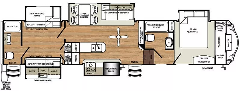 43' 2017 Forest River Sandpiper 381RBOK w/5 Slides - Bunk House Floorplan