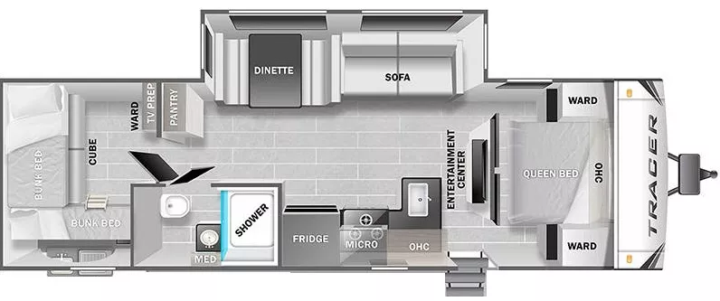 34' 2021 Forest River Primetime Tracer 29QBD w/Slide - Bunk House Floorplan