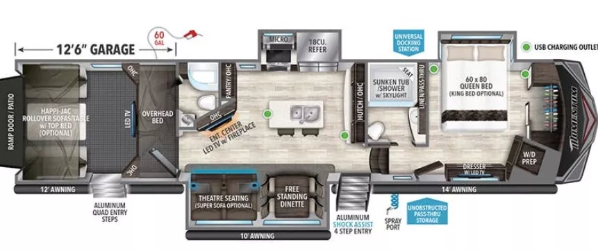 43' 2020 Grand Design Momentum 397TH w/3 Slides & Generator  - Toy Hauler Floorplan