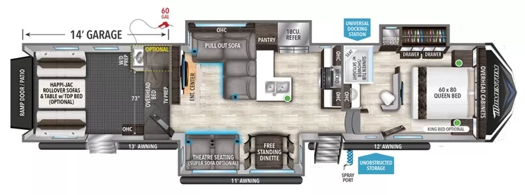 44' 2025 Grand Design Momentum M-Class 395MS w/3 Slides & Generator  - Toy Hauler Floorplan