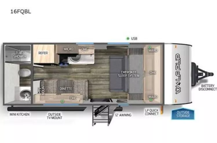 21' 2023 Forest River Wolf Pup Black Label 16FQBL Floorplan