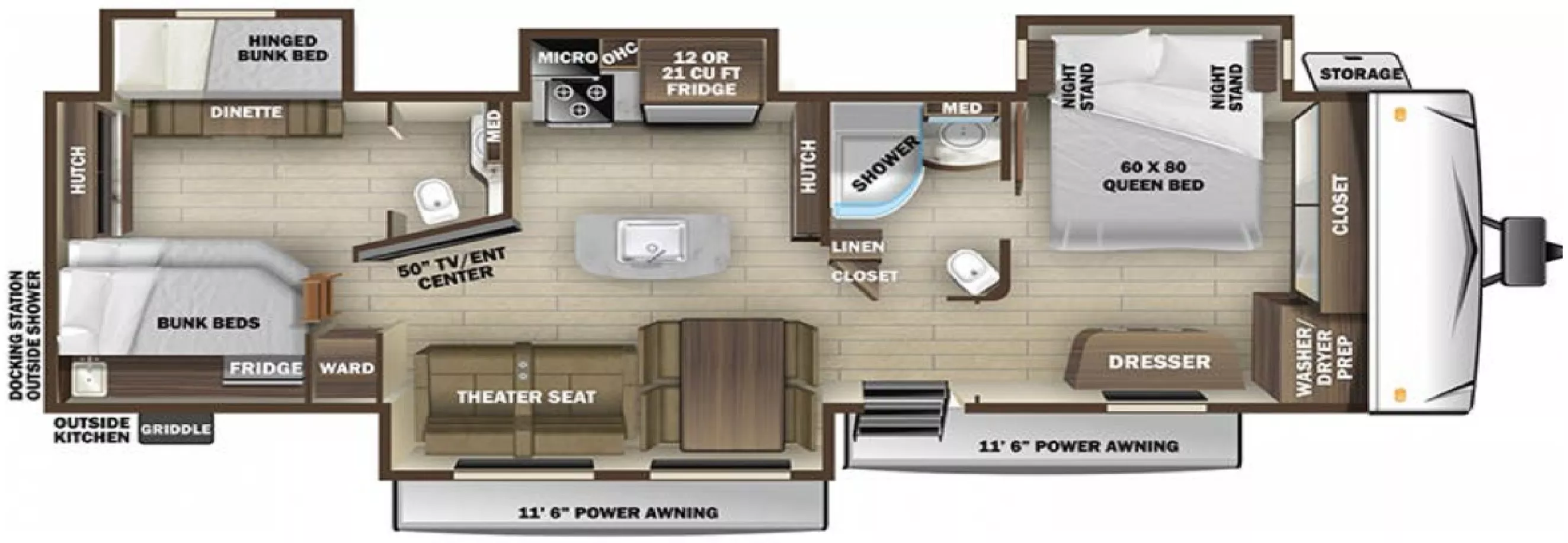 40' 2021 Highland RV Silverstar M-338BHS w/4 Slides Floorplan