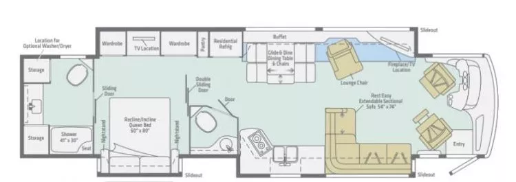 43' 2019 Winnebago Horizon Series 42Q 450hp Cummins w/3 Slides Floorplan