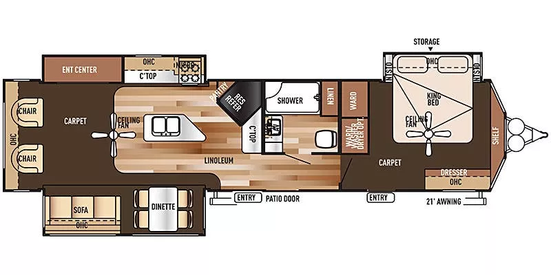 37' 2015 Forest River Wildwood Lodge Destination 393RLT w/3 Slides Floorplan