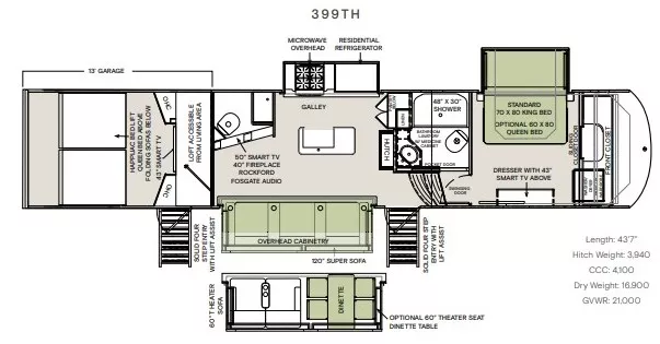 43' 2022 Vanleigh RV Ambition 399TH w/3 Slides - Toy Hauler Floorplan