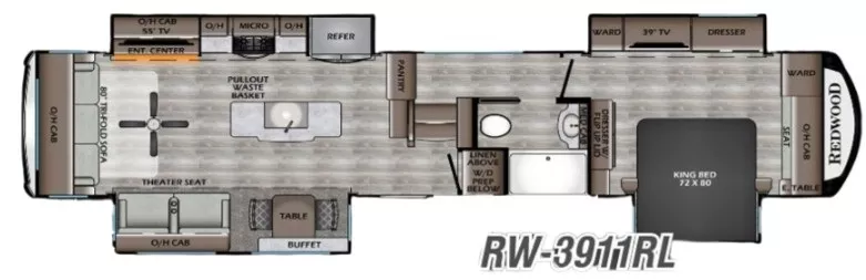 40' 2020 Crossroads Redwood 3911RL w/4 Slides Floorplan