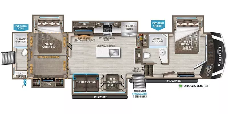 42' 2023 Grand Design Solitude 391DL w/5 Slides Floorplan