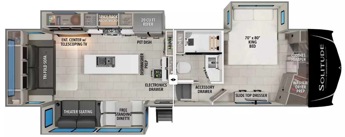 35' 2022 Grand Design Solitude 310GK w/3 Slides Floorplan