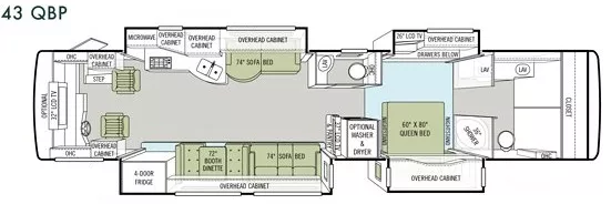 43' 2010 Tiffin Allegro Bus 43QBP 425hp Cummins w/4 Slides Floorplan