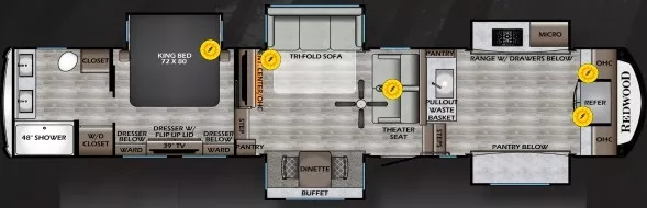 43' 2022 Thor Redwood 3981FK w/5 Slides Floorplan