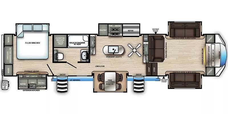42' 2021 Forest River Sandpiper 379FLOK w/6 Slides Floorplan