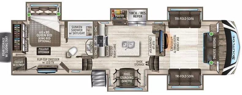 38' 2021 Grand Design Solitude 346FLS w/5 Slides Floorplan