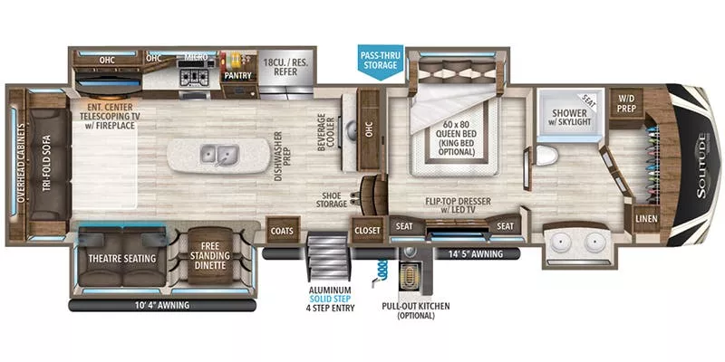 41' 2019 Grand Design Solitude 372WB w/4 Slides Floorplan