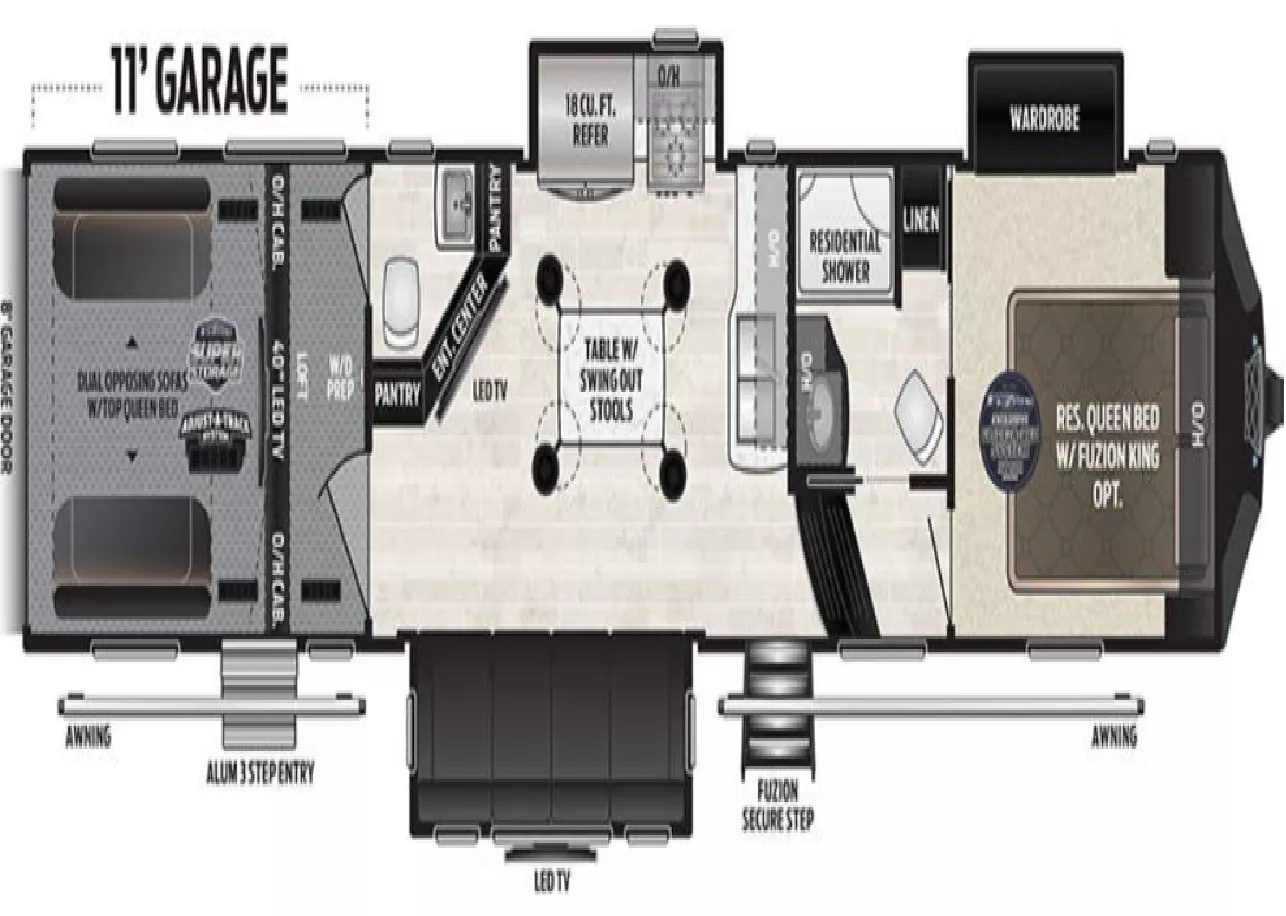 40' 2019 Keystone Fuzion 373 w/3 Slides & Generator  - Toy Hauler - Bunk House Floorplan
