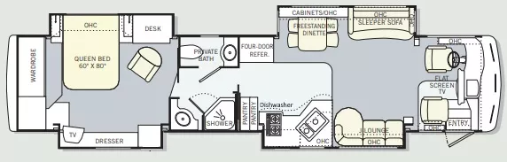 43' 2004 Monaco Executive 43PBQ DETROIT 6 500hp Cummins w/4 Slides Floorplan