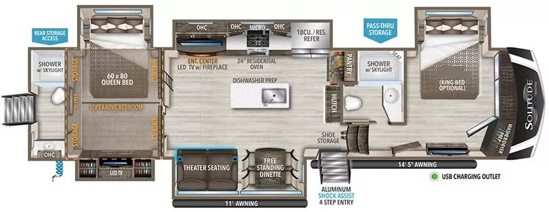 43' 2023 Grand Design Solitude 391DL w/5 Slides Floorplan