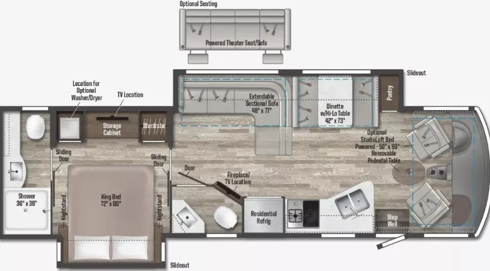 35' 2019 Winnebago Adventurer 35F w/2 Slides Floorplan