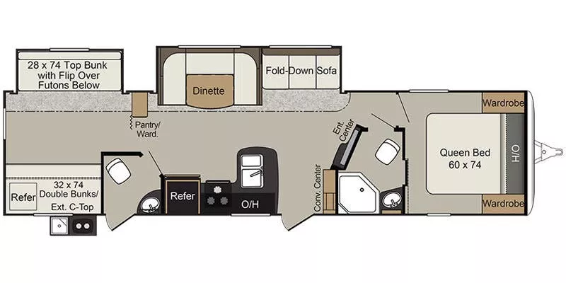 33' 2017 Keystone Passport Grand Touring 3350BH w/2 Slides - Bunk House Floorplan