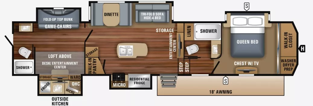 43' 2018 Jayco North Point 379DBFS w/5 Slides Floorplan