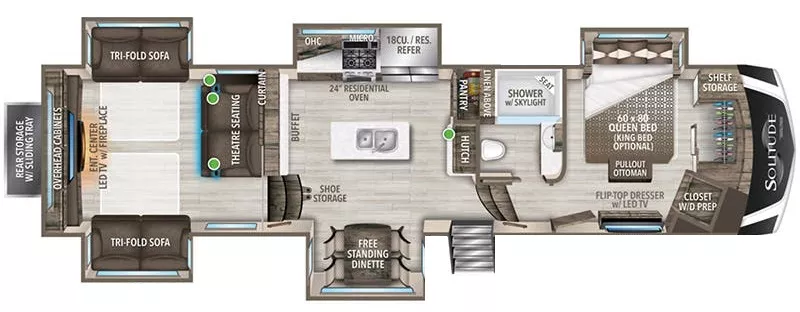 43' 2022 Grand Design Solitude 375RES w/5 Slides Floorplan