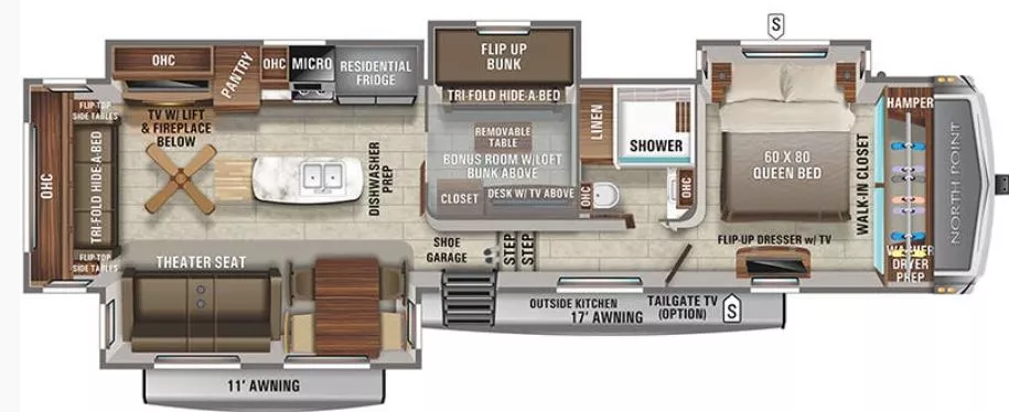 43' 2022 Jayco North Point 377RLBH w/4 Slides Floorplan