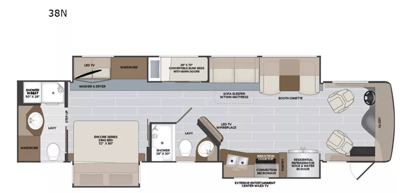 38' 2018 Holiday Rambler Endeavor Xe Series 38N 360hp Cummins w/3 Slides - Bunk House Floorplan