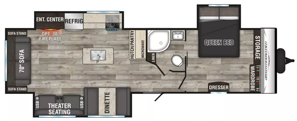 34' 2023 Kz Sportsmen SE 303QBSE w/3 Slides Floorplan