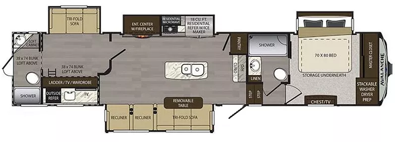 42' 2018 Keystone Avalanche 396BH w/4 Slides - Bunk House Floorplan