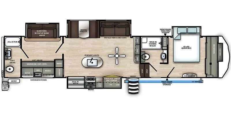 42' 2021 Forest River Sandpiper 383RBLOK w/4 Slides - Bunk House Floorplan