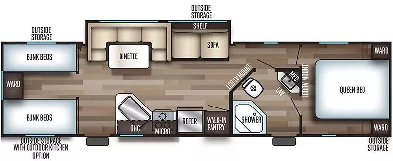 33' 2019 Forest River Grey Wolf 29TE w/Slide - Bunk House Floorplan