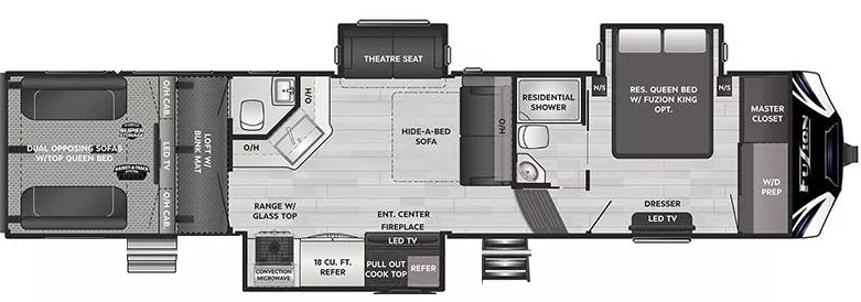 39' 2021 Keystone Fuzion 379 w/3 Slides & Generator  - Toy Hauler Floorplan