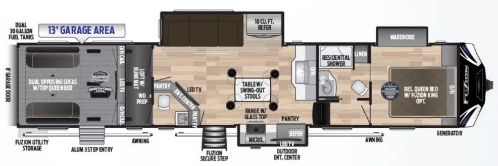 43' 2020 Keystone Fuzion 427 w/3 Slides & Generator  - Toy Hauler Floorplan