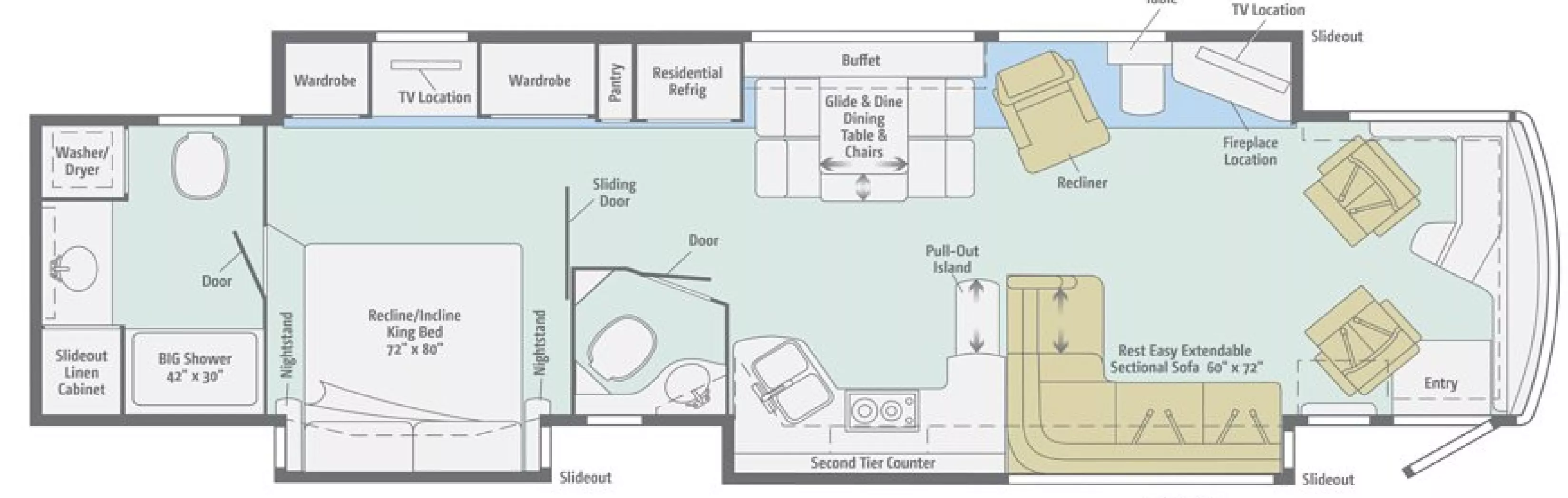 43' 2017 Winnebago Tour 42QD 450hp Cummins w/3 Slides Floorplan