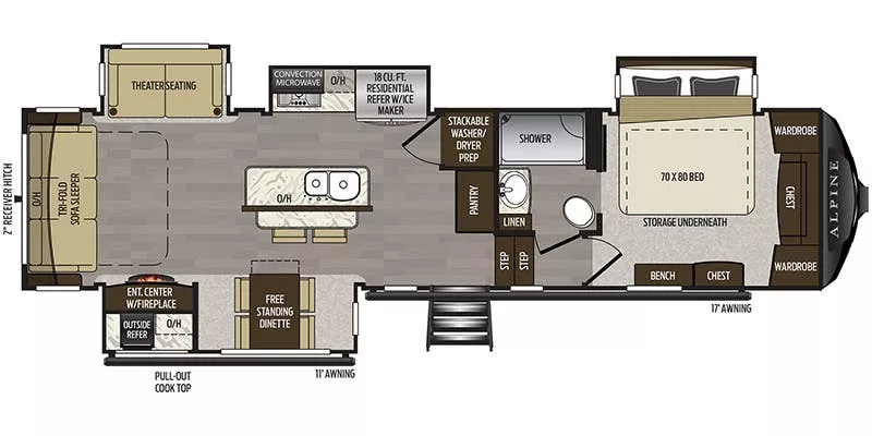 37' 2020 Keystone Alpine 3451GK w/4 Slides Floorplan