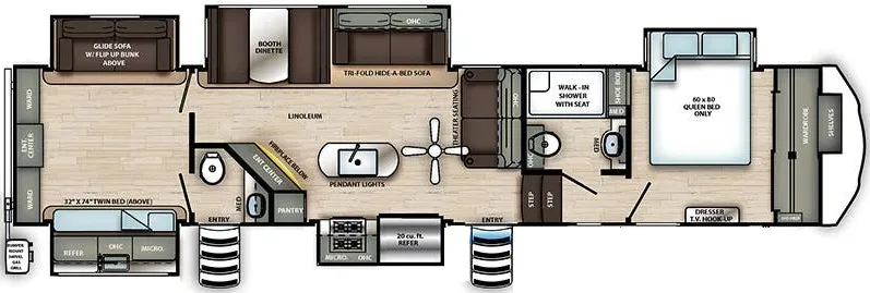42' 2021 Forest River Sierra 384QBOK w/5 Slides Floorplan