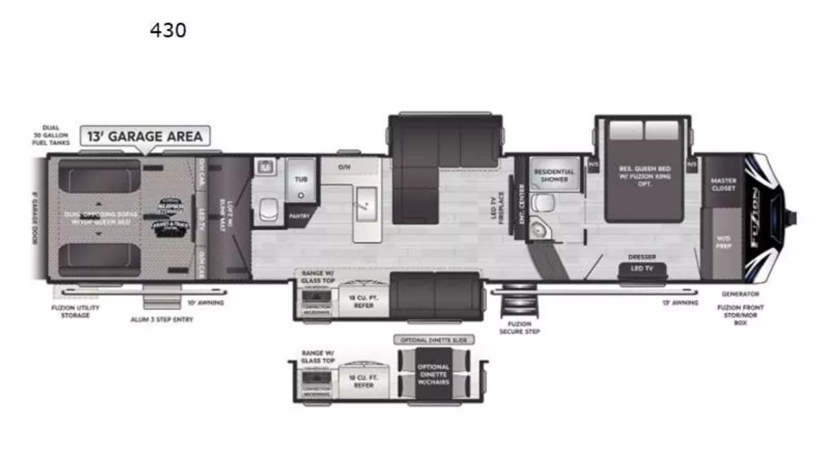 44' 2021 Keystone Fuzion 430 w/3 Slides & Generator  - Toy Hauler Floorplan