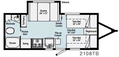 22' 2022 Winnebago Micro Minnie Flx 2108TB w/Slide Floorplan