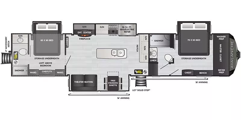 43' 2021 Keystone Avalanche 390DS w/4 Slides Floorplan