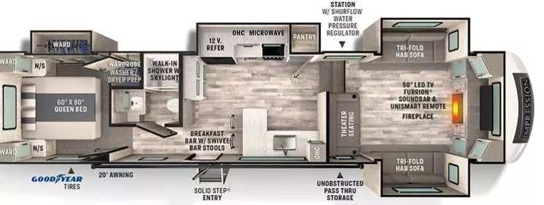 40' 2021 Forest River Impression 320FL w/4 Slides Floorplan