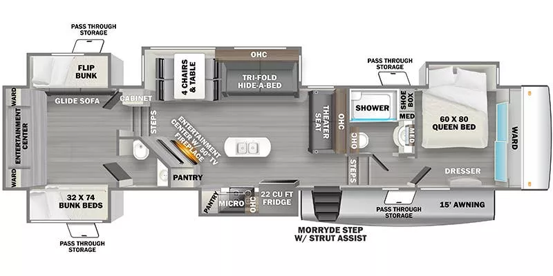 43' 2022 Forest River Sandpiper 388BHRD w/5 Slides - Bunk House Floorplan