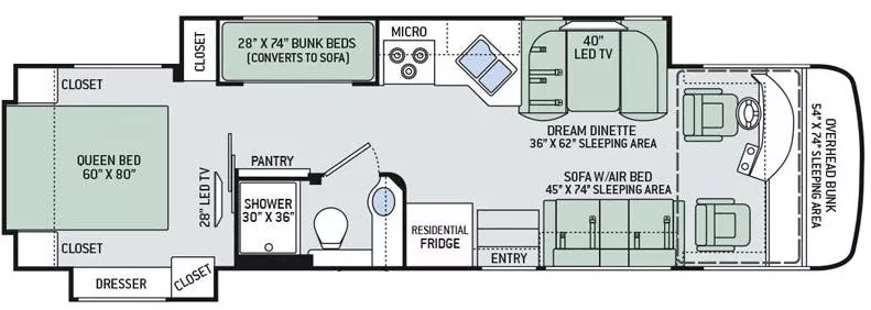 35' 2016 Thor Palazzo 33.3 300hp Cummins w/2 Slides - Bunk House Floorplan