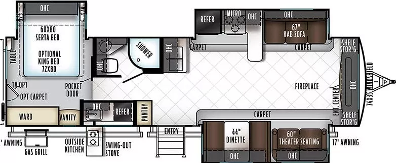 36' 2018 Forest River Rockwood Signature Ultra Li 8324BS w/4 Slides Floorplan