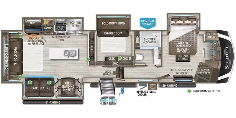 40' 2022 Grand Design Solitude 378MBS w/4 Slides & Generator  - Bunk House Floorplan