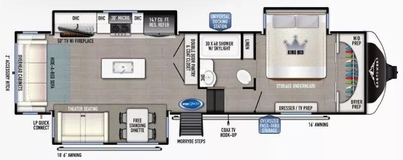 35' 2022 East To West Tandara 320RL w/3 Slides Floorplan