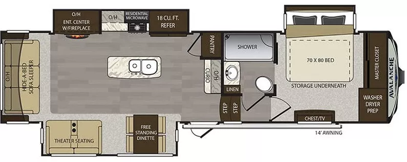35' 2018 Keystone Avalanche 320RS w/3 Slides Floorplan