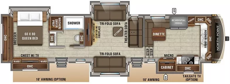 43' 2019 Jayco North Point 383FKWS w/5 Slides Floorplan