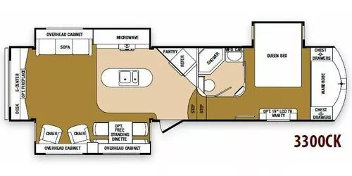 35' 2013 Winnebago Raven 3300CK w/3 Slides Floorplan