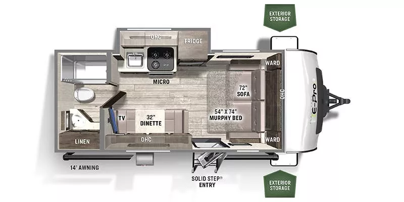 20' 2022 Forest River E-Pro 19FDS w/Slide Floorplan